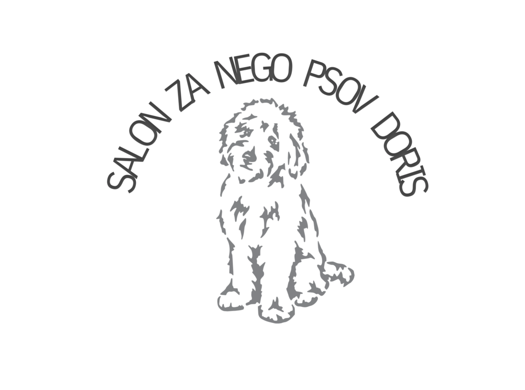Logo salona, pod napisom "Salon za nego psov doris" je iz črt narisan obris psa.